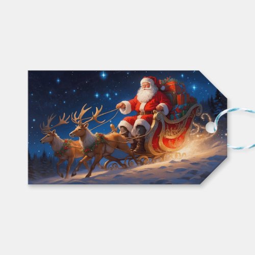 Santa Delivering Toys on a Slope with Reindeer Gift Tags