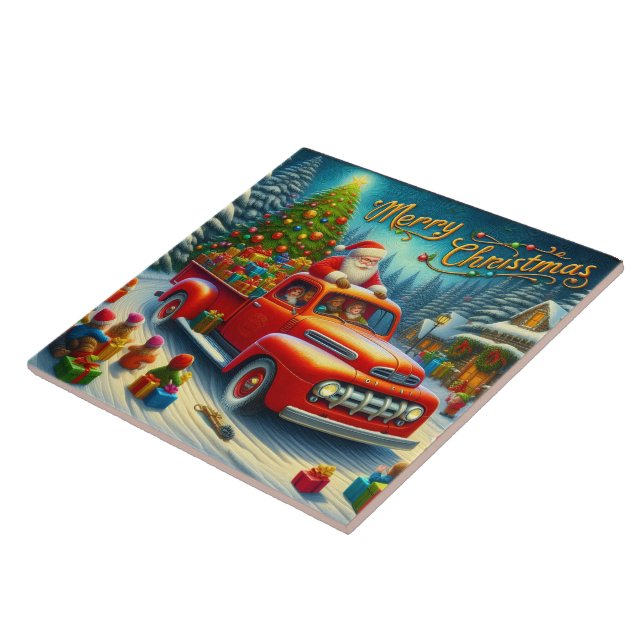 Santa delivers gifts in a snowy winter wonderland ceramic tile (Side)