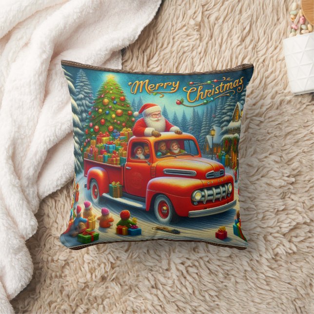 Santa delivers gifts in a snowy winter wonderland throw pillow (Blanket)