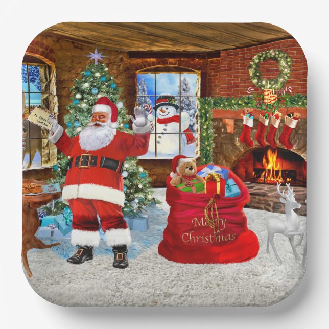 Santa delivers gifts on Christmas Day Paper Plates (Front)