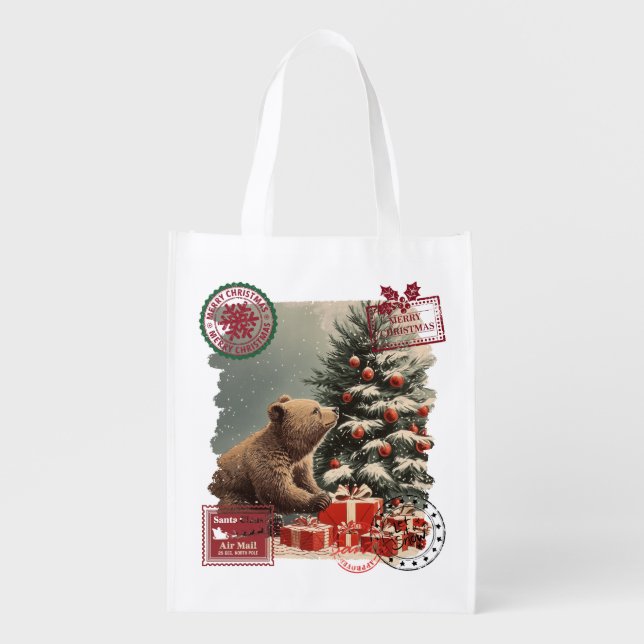 Santa Delivery Sack with Bear & Christmas Tree Grocery Bag (Front)