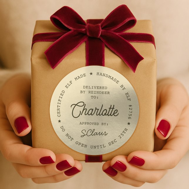 Santa Delivery Sticker | Christmas Gold Label Seal (Santa special delivery gift sticker gold seal - certified elf made, delivered by reindeer!)