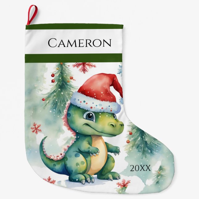Santa Dinosaur Large Christmas Stocking (Front)