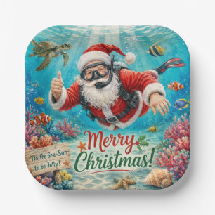Santa diving Underwater Christmas Paper Plates