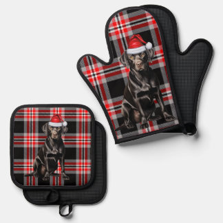 Santa Dog Black Labrador Holiday Plaid Christmas Oven Mitt & Pot Holder Set