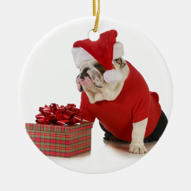 Santa Dog - English Bulldog Dressed Like Santa Metal Ornament (Front)