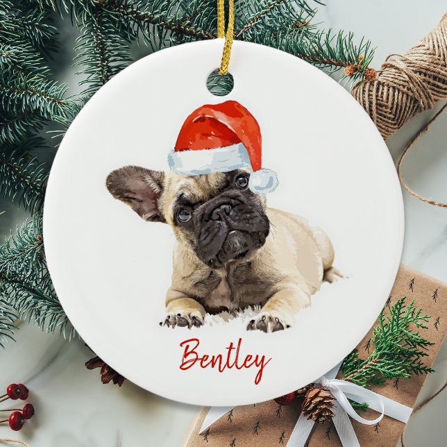 Santa Dog French Bulldog Cute Puppy Christmas Dog Ceramic Ornament (Creator Uploaded)