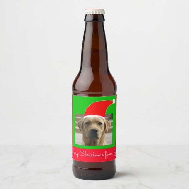 Santa Dog Merry Christmas from (Your Text) Beer Bottle Label (Front)