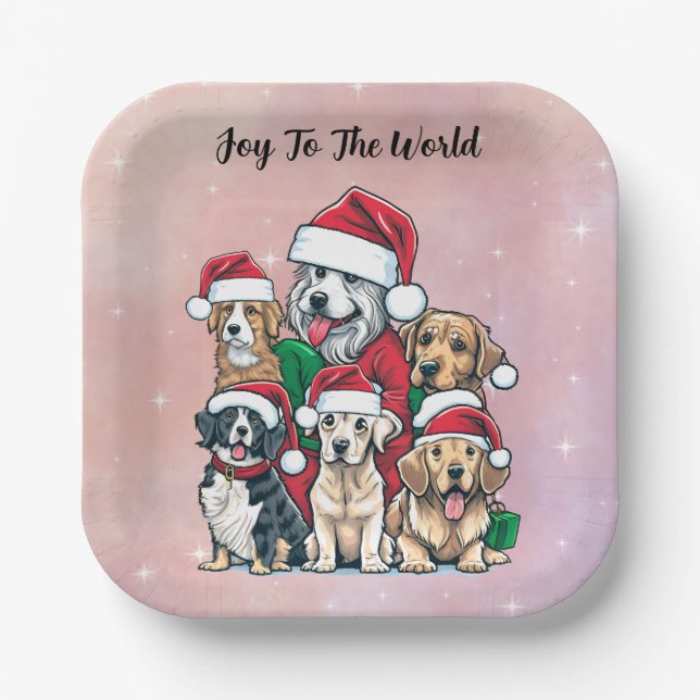 Santa Dogs Joy To The World Christmas Paper Plates (Front)