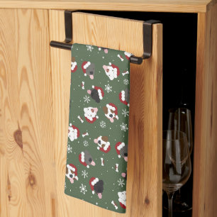 Santa Dogs on Green Kitchen Towel