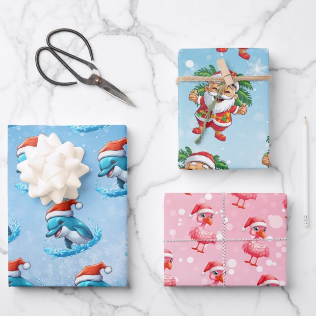 Santa, Dolphin, Flamingo Christmas Wrapping Paper (Front)