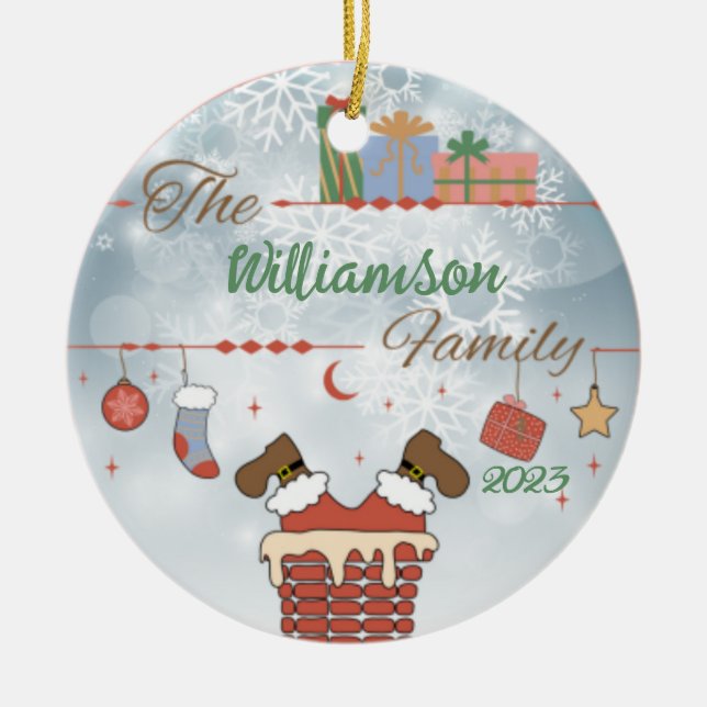 Santa Down the Chimney  Ceramic Ornament (Front)