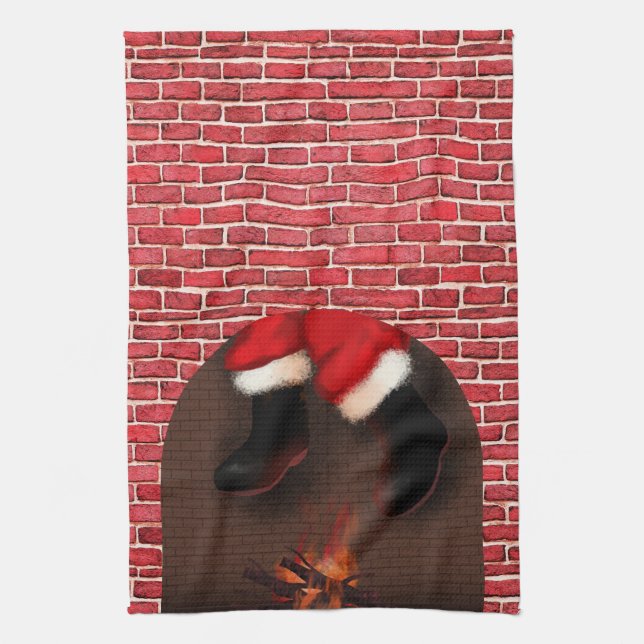 Santa down the chimney   kitchen towel (Vertical)