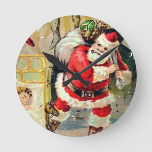 Santa Down The Chimney Round Clock