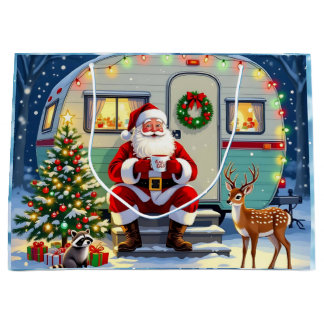 Santa Drinking Hot Cocoa outside his RV Christmas Large Gift Bag
