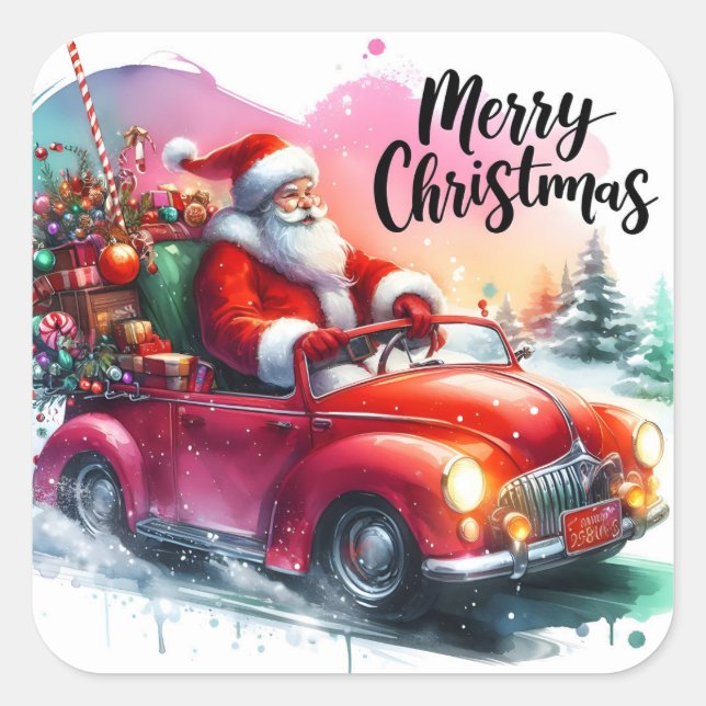 Santa Driving a Classic Car Filled With Presents Square Sticker (Front)