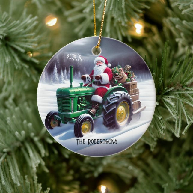 Santa Driving a Green Tractor Ceramic Ornament (Tree)