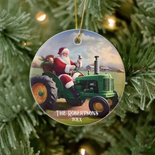 Santa Driving a Green Tractor Ceramic Ornament