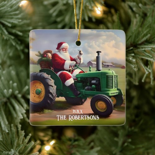 Santa Driving a Green Tractor Ceramic Ornament