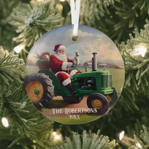 Santa Driving a Green Tractor Glass Ornament
