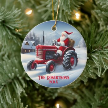 Santa Driving A Red Tractor Ceramic Ornament by DakotaInspired at Zazzle