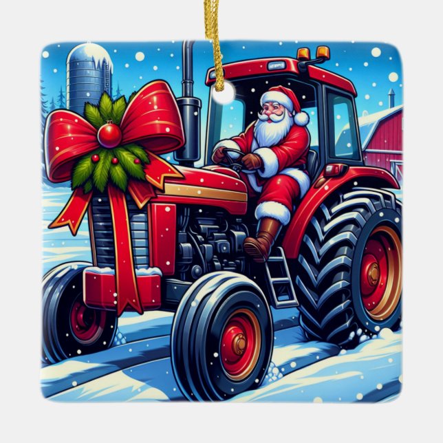 Santa Driving A Red Tractor In the Snow Christmas Ceramic Ornament (Front)