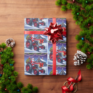 Santa Driving A Red Tractor In the Snow Christmas Wrapping Paper