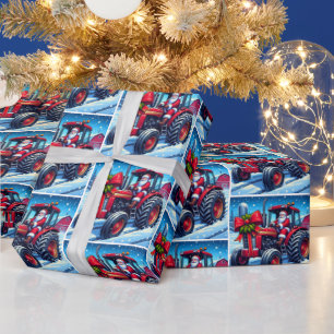 Santa Driving A Red Tractor In the Snow Christmas Wrapping Paper