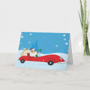 Santa driving a sports car Christmas greeting card