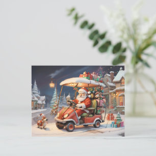 Santa driving golf cart gingerbread houses postcard