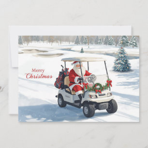Santa Driving Golf Cart on Winter Golf Course Holiday Card