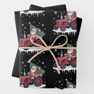 Santa Driving Tractor Christmas Tree Farm Snow Wrapping Paper Sheets