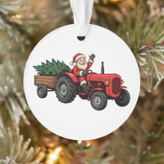 Santa Driving Tractor Christmas Tree Farm Wagon Ornament