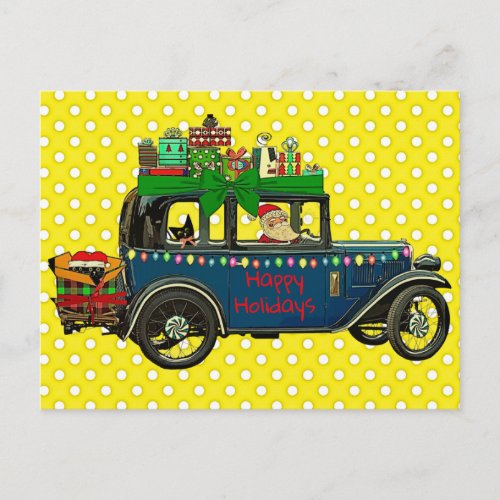 Santa Driving with Cats Happy Holidays Postcard