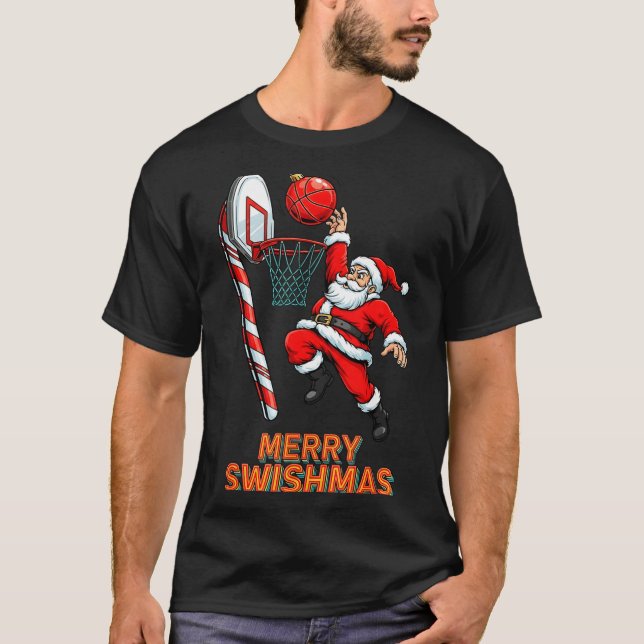 Santa Dunking Merry Swishmas Basketball Christmas  T-Shirt (Front)