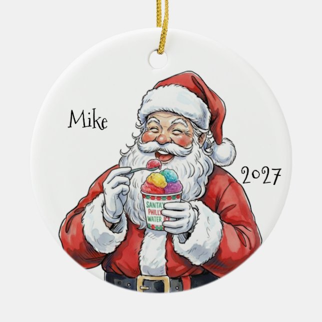 Santa eating Italian Water Ice Ceramic Ornament (Front)