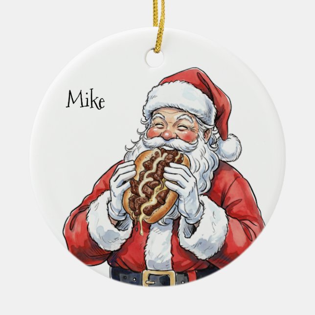 Santa eating Philly Cheesesteak Ceramic Ornament (Front)