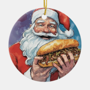 Santa eating Philly cheesesteak Ceramic Ornament