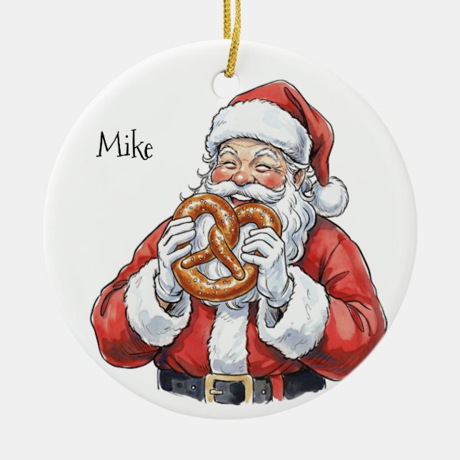 Santa eating Philly Soft Pretzel Ceramic Ornament (Front)