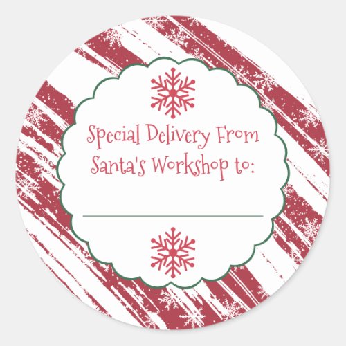 Santa editable white snowflake red green stripes classic round sticker