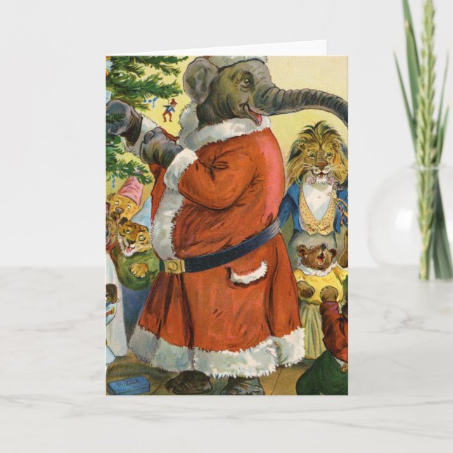 Santa Elephant Celebrates an Animal Christmas Holiday Card (Front)