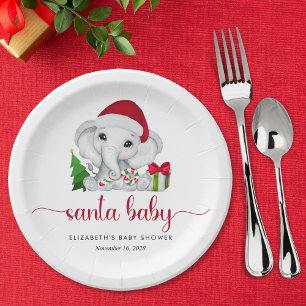 Santa Elephant Christmas Baby Boy Shower Paper Plates