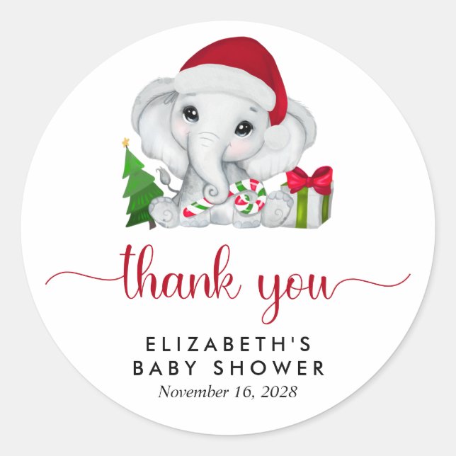Santa Elephant Christmas Baby Boy Shower Thank You Classic Round Sticker (Front)