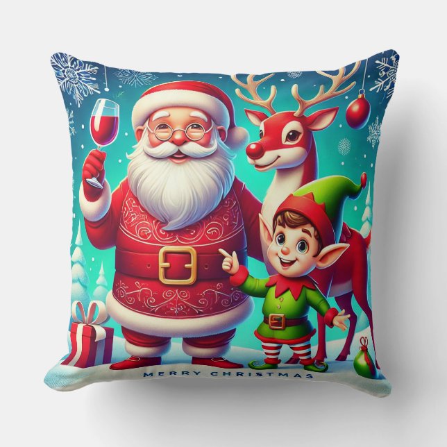 Santa, Elf, and Reindeer in a Festive Christmas Throw Pillow (Front)