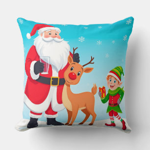 Santa, Elf, and Reindeer in a Festive Christmas Throw Pillow