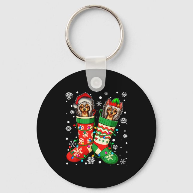 Santa Elf Chinese Crested Dog In Christmas Socks M Keychain (Front)