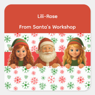 Santa & Elf Faces North Pole Fun Christmas Paper Square Sticker