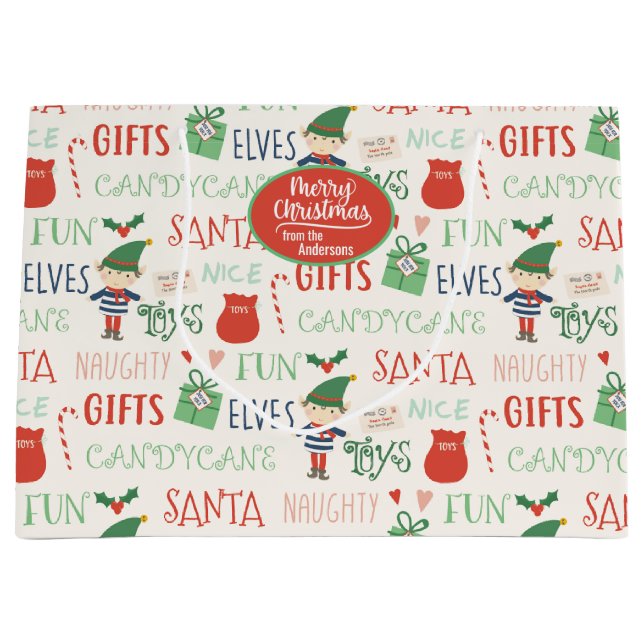 Santa Elf Friends Personalized Holiday Large Gift Bag (Front)
