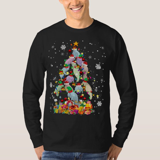 Santa ELF Manatee Christmas Tree Xmas Lights Manat T-Shirt (Front)