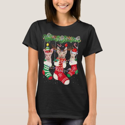 Santa Elf Reindeer Sphynx Cat In Xmas Socks Christ T_Shirt